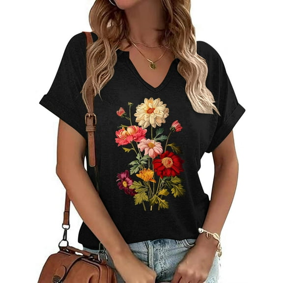 Womens Clothing Homenesgenics Womens Tops under $5 Women's Floral Print Small-Neck Short Sleeved T-Shirt Loose Tops Black XXL