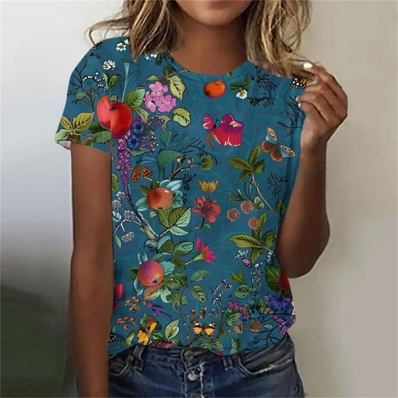 Womens Clothing Homenesgenics Womens Tops Plus Size Women Fashion Summer Sexy Printed Regular Women Short Sleeves Round Neck Blue XL