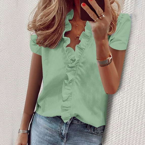 Womens Clothing Homenesgenics Womens Tops Plus Size Women's Casual Short Sleeved Solid Color V-Neck Shirt T-Shirt Tops Green M