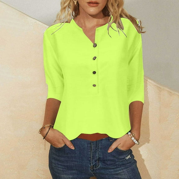 Womens Clothing Homenesgenics Womens Tops Plus Size Women's Fashion Casual 3/4 Sleeve Button T-Shirt Neck Print Blouse Green M