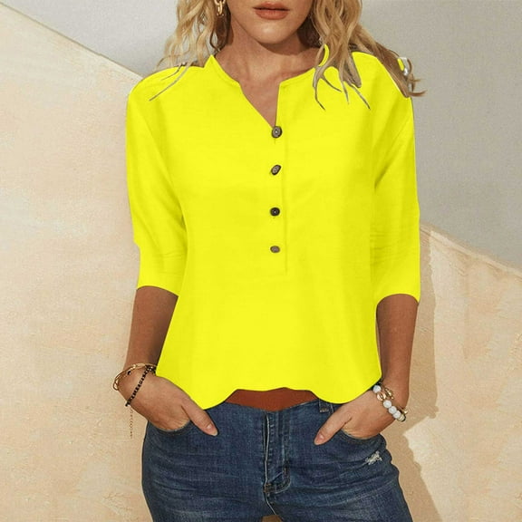 Womens Clothing Homenesgenics Womens Tops Plus Size Women's Fashion Casual 3/4 Sleeve Button T-Shirt Neck Print Blouse Yellow M