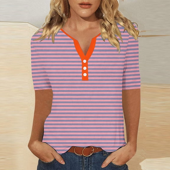 Womens Clothing Homenesgenics Womens Tops Plus Size Women's Fashion Stripe Printing Short Sleeves Blouse-Neck T-Shirt Casual Button Pink XXXL