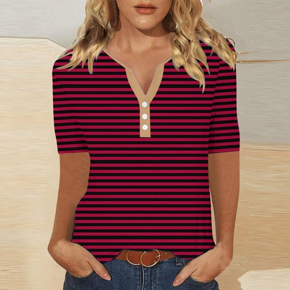 Womens Clothing Homenesgenics Womens Tops Plus Size Women's Fashion Stripe Printing Short Sleeves Blouse-Neck T-Shirt Casual Button Red M
