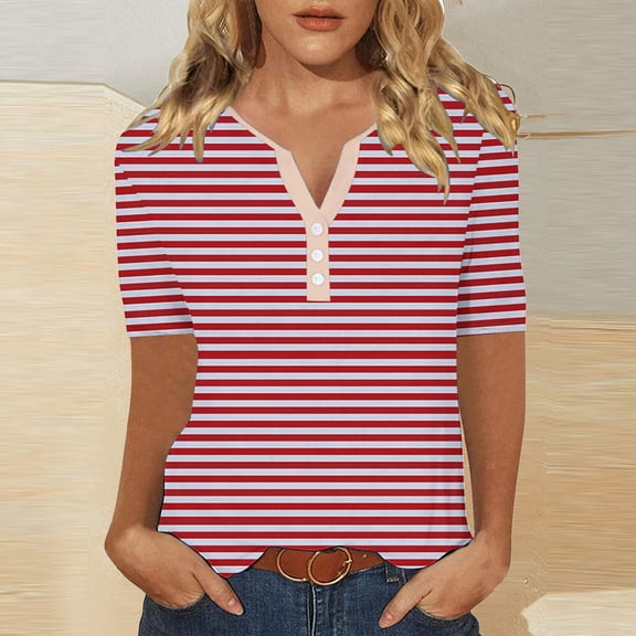 Womens Clothing Homenesgenics Womens Tops Plus Size Women's Fashion Stripe Printing Short Sleeves Blouse-Neck T-Shirt Casual Button Red M