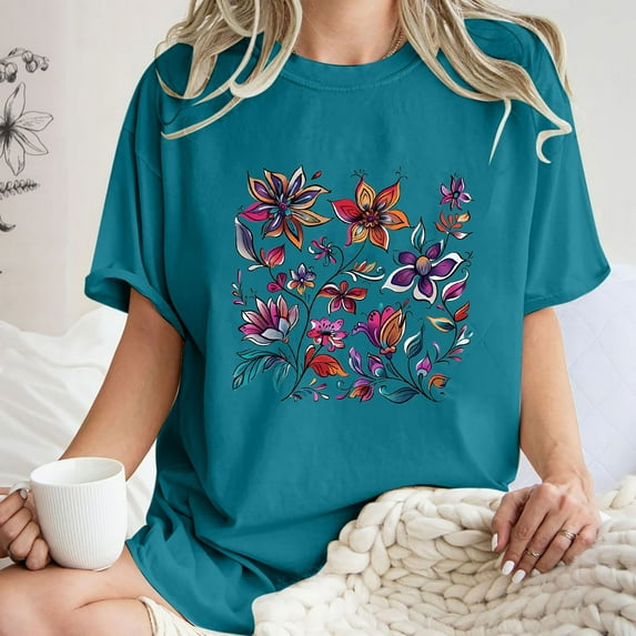 Womens Clothing Homenesgenics Womens Tops Plus Size Women's Fashion Summer Round Neck Drop Sleeves Short Sleeve Flower Printing Blue S