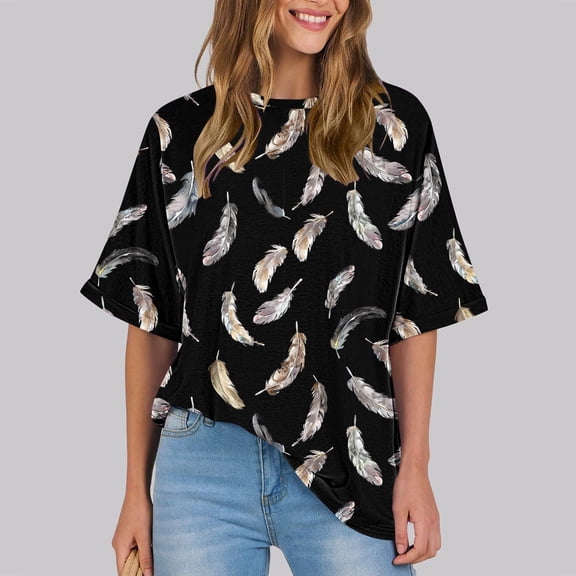 Womens Clothing Homenesgenics Womens Tops Plus Size Women's Ladies Fashion Casual Cropped Short Sleeve Printing Loose Shirt Blouse Tops Black XL