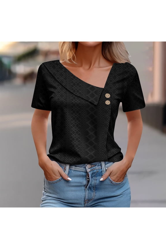 Womens Clothing Homenesgenics Womens Tops Plus Size Women's Loose Summer Casual Solid Color V-Neck Short Sleeved T-Shirt Tops Black M