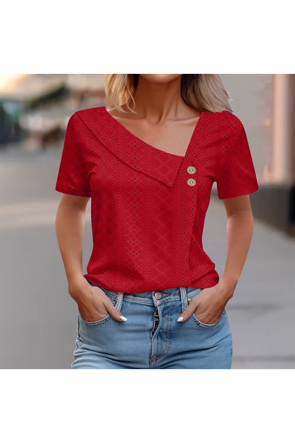 Womens Clothing Homenesgenics Womens Tops Plus Size Women's Loose Summer Casual Solid Color V-Neck Short Sleeved T-Shirt Tops Red L