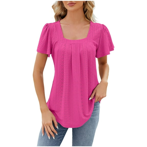 Womens Clothing Homenesgenics Womens Tops Plus Size Women's Summer Casual Blouse Short Sleeve Neck 3/4 Sleeve Curved Hem Loose Tunic Tops T-Shirt Blouse Pink XXL