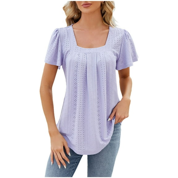 Womens Clothing Homenesgenics Womens Tops Plus Size Women's Summer Casual Blouse Short Sleeve Neck 3/4 Sleeve Curved Hem Loose Tunic Tops T-Shirt Blouse Purple S