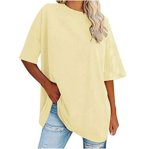 Womens Clothing Homenesgenics Womens Tops Plus Size Womens Tops 3/4 Sleeve Women's New Solid Loose Half Sleeve Round Neck Cotton Waist Short Sleeve Round Neck Tops Yellow XL