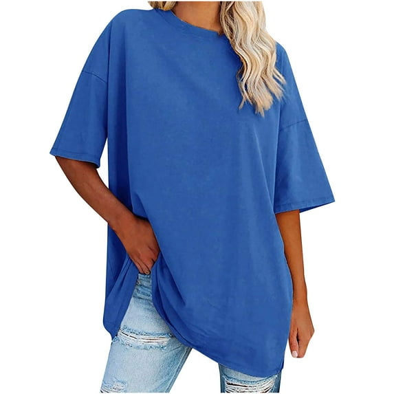 Womens Clothing Homenesgenics Womens Tops Plus Size Womens Tops 3/4 Sleeve Women's New Solid Loose Half Sleeve Round Neck Cotton Waist Short Sleeve Round Neck Tops Blue L