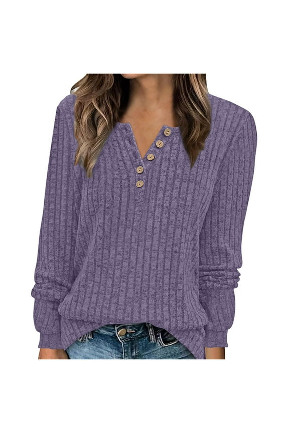 Clearance Womens Clothing Womens Sweaters 2025 Fall Winter Henley Long Sleeve Button Crew Neck Cable Knit Loose Cropped Sweater Pullover