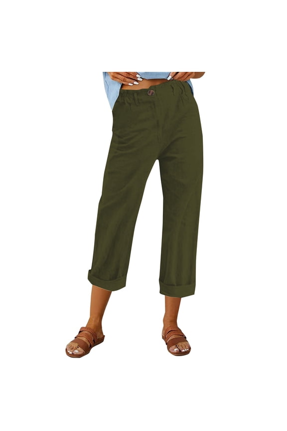 Womens Cropped Pants Elastic Waist Comfortable Casual Wear Summer Fashionable Lightweight Pants For Women 2025 Trends Army Green L Size