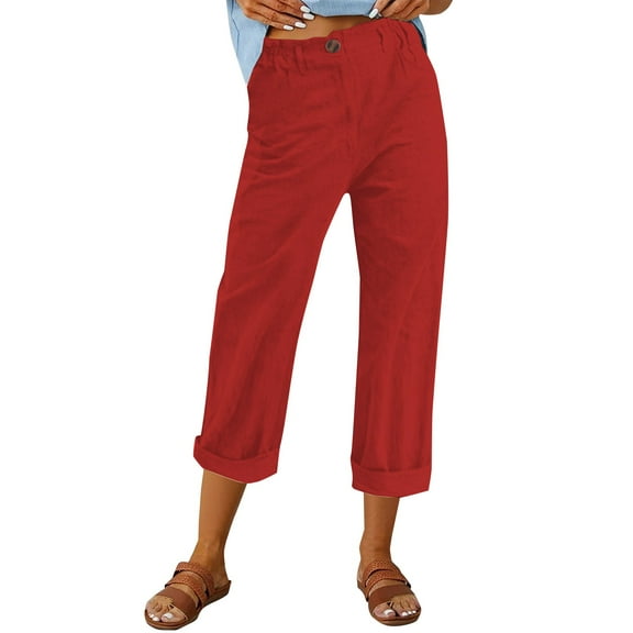 Womens Cropped Pants Elastic Waist Comfortable Casual Wear Summer Fashionable Lightweight Pants For Women 2025 Trends Red L Size