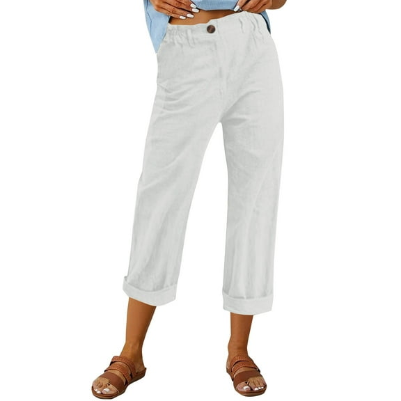 Womens Cropped Pants Elastic Waist Comfortable Casual Wear Summer Fashionable Lightweight Pants For Women 2025 Trends White L Size