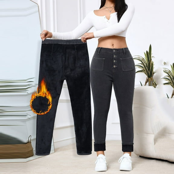 Womens Fleece Skinny Jeans Stretchy Butt Lifting Colombian Pants Winter Warm Curvy Denim Pants