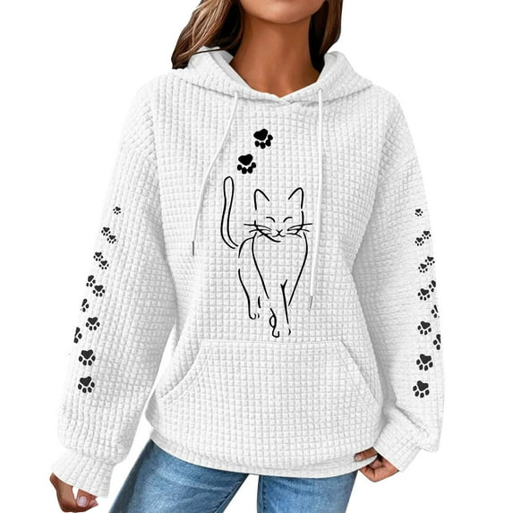 Womens Hooded Sweatshirt Pullover Cat Hoodies with Front Pocket Sweatshirts Tops Waffle Knitted Sweatshirts Loose Casual Long Sleeve Tops Hooded Blouse Shirts