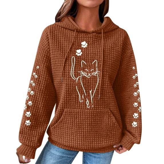 Womens Hooded Sweatshirt Pullover Cat Hoodies with Front Pocket Sweatshirts Tops Waffle Knitted Sweatshirts Loose Casual Long Sleeve Tops Hooded Blouse Shirts