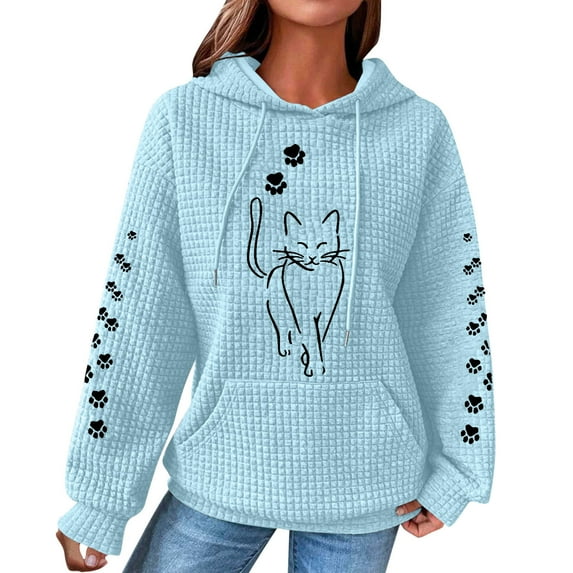 Womens Hooded Sweatshirt Pullover Cat Hoodies with Front Pocket Sweatshirts Tops Waffle Knitted Sweatshirts Loose Casual Long Sleeve Tops Hooded Blouse Shirts