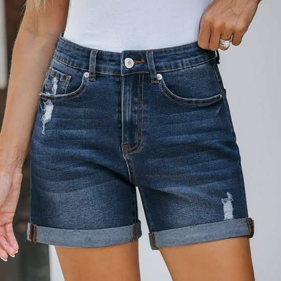 Clearance! Womens Jean Shorts Women's Denim Shorts High Waisted Ripped Stretchy Denim Hot Short Distressed Hem Jeans Shorts With Pockets High Waisted Pants for Women Blue Jeans for Women High Waist