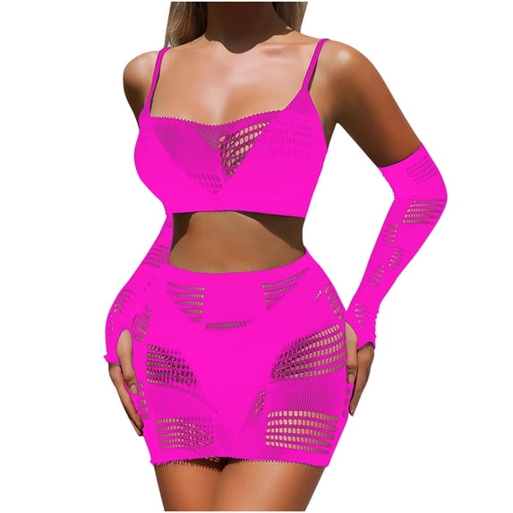 Clearance Womens Lingerie Sets Fishnet Seamless Mesh Hollow Out Bodysuit Sleepwear Hot Pink