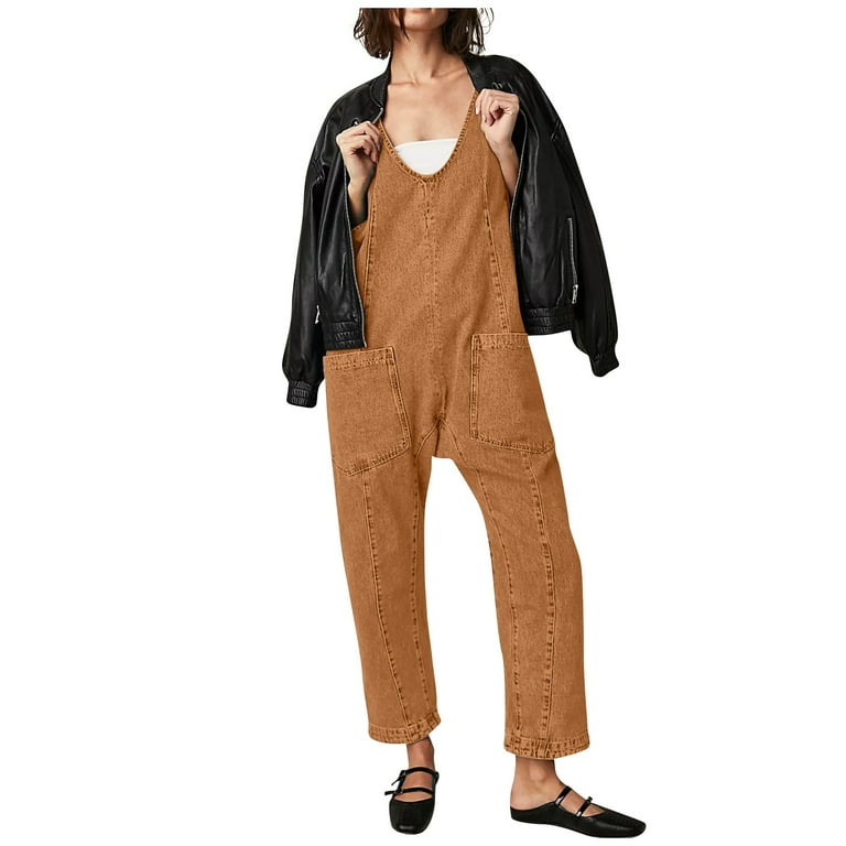 Clearance Womens Overalls Fashion Solid Color Coveralls Casual Pocket Wash Denim Overalls Adjustable Strap Jumpsuit for Womens