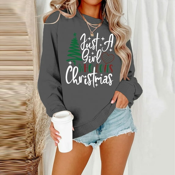 Clothing 2025 Womens Oversized Sweatshirt Just A Girl Who Loves Christmas Tree Sweatshirt Shirts for Women Xmas Splicing Pullover Shirt Top Christmas Sweatshirt for Women Gray Xxl