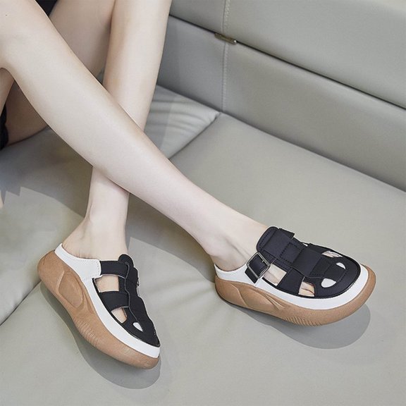 Clearance Womens Sandals, Xunlbb Muffin Thick Bottom Middle Heel Half Slippers, Summer Outdoor Women's Sandals, Shoes Sandals(Black,Size:36)