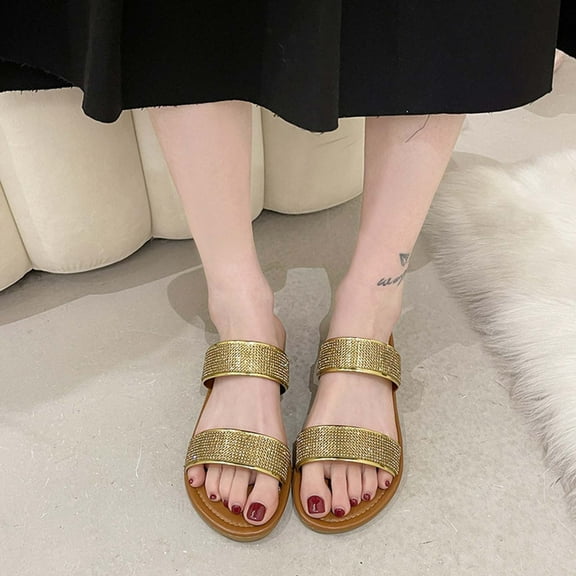Clearance Womens Sandals, Xunlbb Summer New Large Size Casual Flat Bottom Rhinestone Line Beach Slippers(Gold,Size:36)
