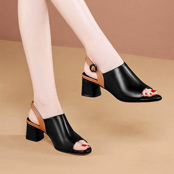 Clearance Womens Sandals, Xunlbb Women's Color Blocked Button Out Versatile Thick Heeled Sandals Women's Sandals(Black,Size:36)