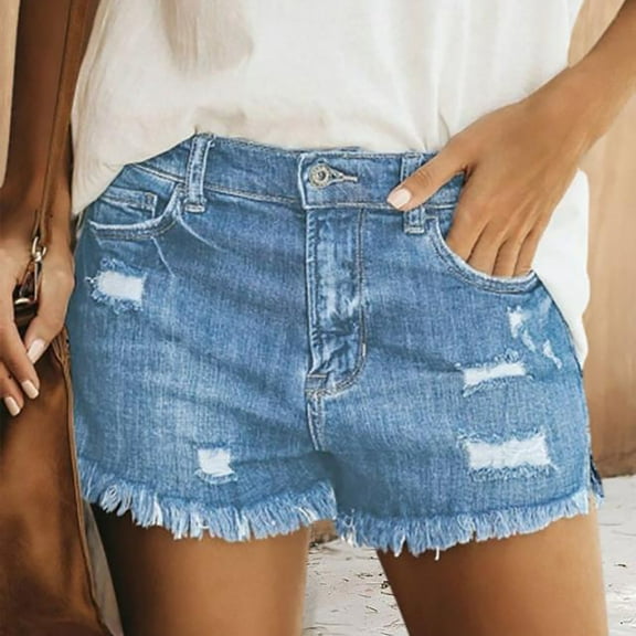 Clearance Womens Shorts Solid Color Short Hot Jeans Slim Hole Summer Casual Daily Beach Wide Leg Denim Shorts Workwear