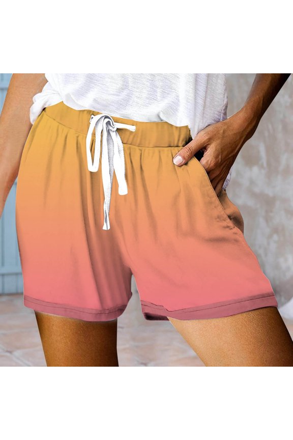 Clearance Womens Shorts Summer Gradient Print Elastic Waist Drawstring With Pockets Straight Leg Shorts Holiday Wear