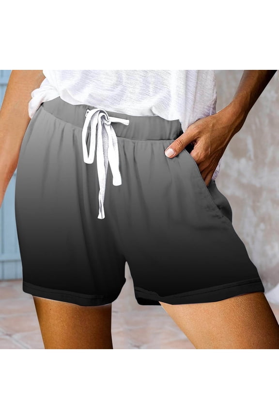 Clearance Womens Shorts Summer Gradient Print Elastic Waist Drawstring With Pockets Straight Leg Shorts Streetwear