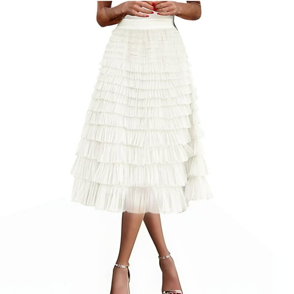 on Clearance Womens Skirt Boho Elastic High Waist Ankle High Waisted A-Line Long Maxi Skirt Women Fashionable Solid Color Commuting Mesh Cake Skirt Ndbuld,White,S