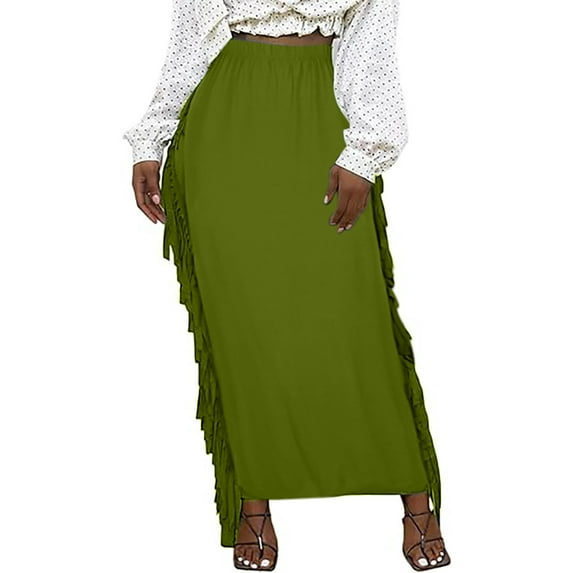 Womens Skirt Boho Elastic High Waist Ankle High Waisted A-Line Long Maxi Skirt Women's Solid Color Sexy Wrapped Hip Fringe Elastic Skirt Floor Sweeping Long Skirt Ndbuld,Green,2XL