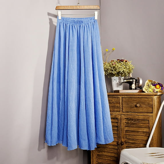 on Clearance Womens Skirt Elastic High Waist Long Maxi Skirt Women's Summer New High Waist Cool And Comfortable A-line Skirt Large Size Temperament Elastic Waist Mid Length Skirt Ndbuld,Blue