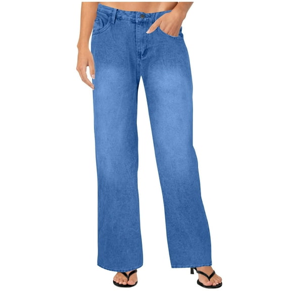 Clearance Womens Straight Leg Jeans Classic Mid Rise Wide Leg Strechy Full Length Trousers Denim Pants