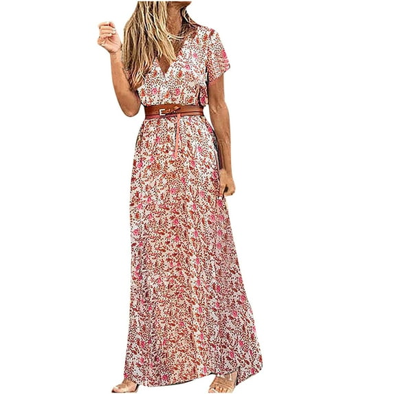 Womens Summer Boho Dress Vintage Elegant Floral Print Maxi Dress Leather Belt Party Beach Dress
