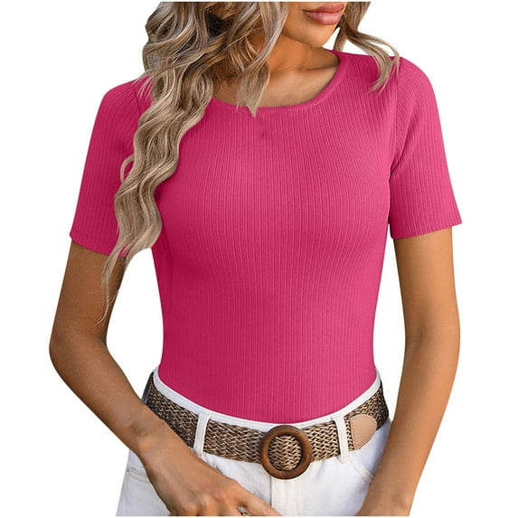 Clearance Womens Summer Dress Tops qolati Casual Short Sleeve Crew Neck Ribbed Knit T Shirts 2024 Fashion Slim Fit Basic Pullover Tunic Blouse