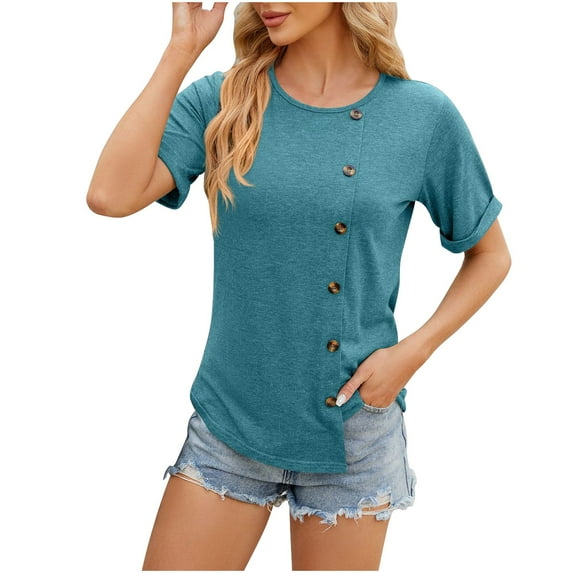 Womens Summer Tops qolati Basic Short Sleeve Crewneck Tunic T Shirts Lightweight Casual Loose Button Going Out Blouse