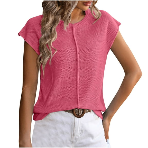 Womens Summer Tops qolati Casual Caps Sleeve Crew Neck Ribbed Knit T Shirts 2024 Fashion Loose Basic Pullover Tunic Blouse