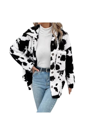 Clearance! Womens Wool Coat Wool Coats For Women Women's Casual Faux Jacket Trendy Long Sleeve Button Up Cow Print Autumn Winter Loose Coats With Pockets Merino Wool Sweater Women