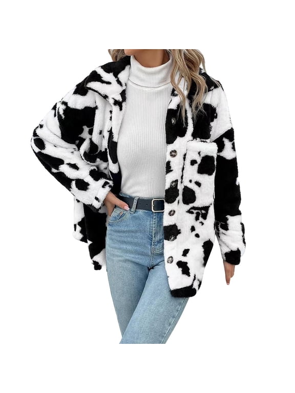 Clearance! Womens Wool Coat Wool Coats For Women Women's Casual Faux Jacket Trendy Long Sleeve Button Up Cow Print Autumn Winter Loose Coats With Pockets Merino Wool Sweater Women