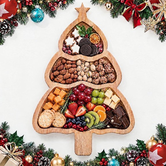 Clearance! Wood Christmas Tree Charcuterie Board Tray Platter, Xmas Serving Tay for Christmas Decotarions & Hostess Gifts