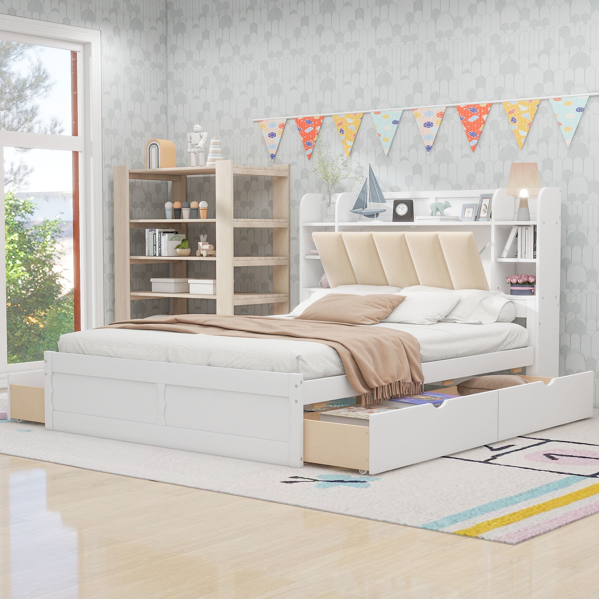 Clearance Wood Queen Size Platform Bed with Storage Headboard Shelves and 4 Drawers White
