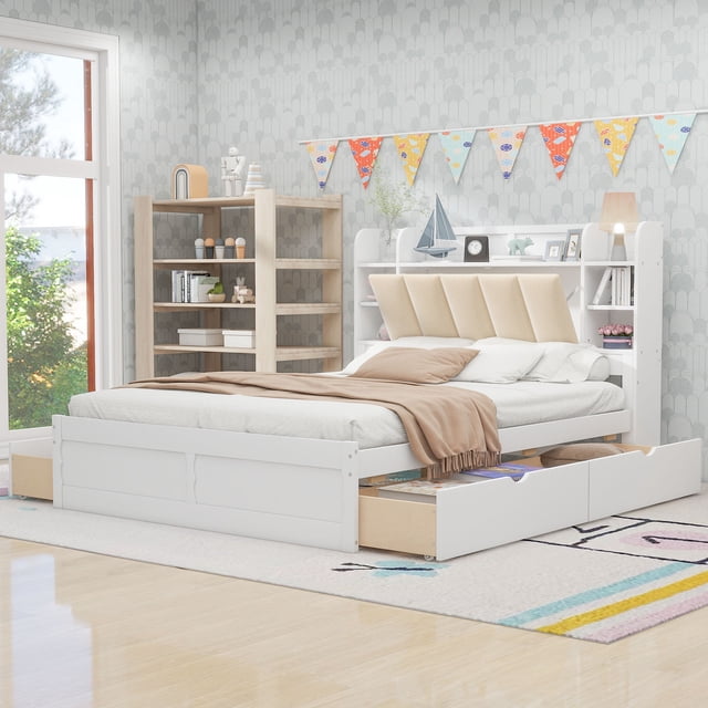 Clearance! Wood Queen Size Platform Bed with Storage Headboard, Shelves ...