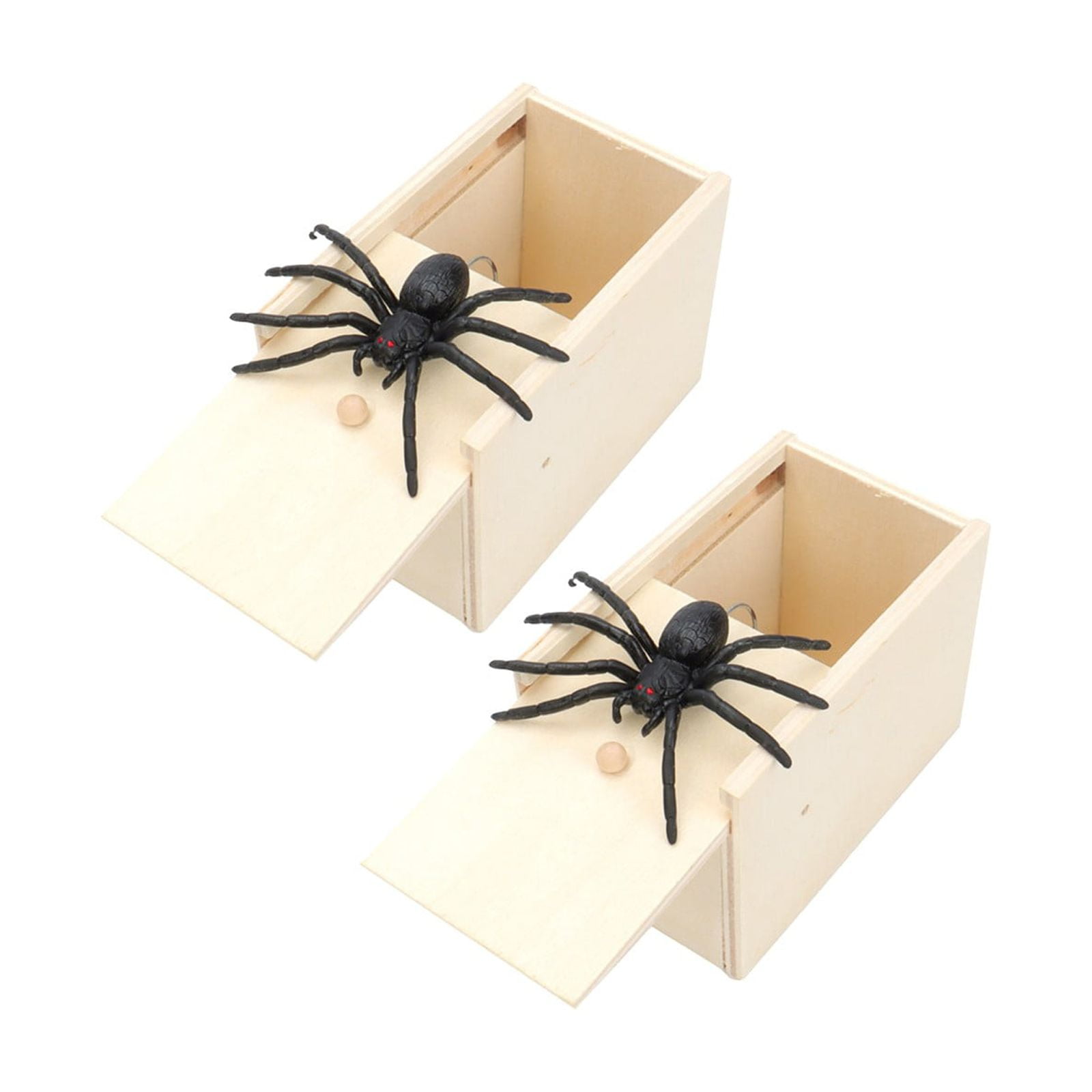 Natural Wood Spider Prank Box with Black Rubber Spider