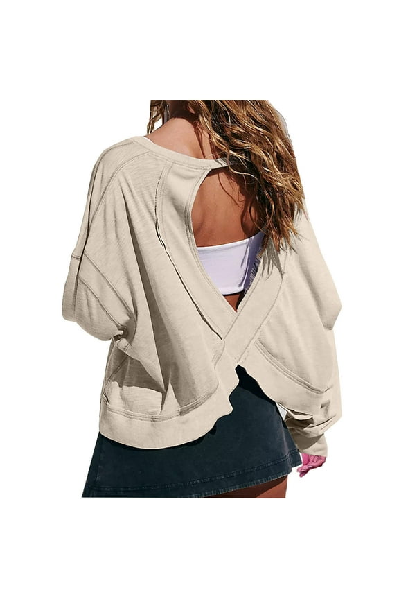 Workout Tops Women Open Back Long Sleeve Fall Casual Jogging Gym T Shirts Loose Fit Crewneck Pullover (S, Khaki)