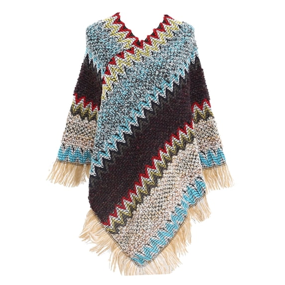 Clearance Wraps Women Nationl Print Colourful Splice Poncho with Tassels Knitted Shawl Scarf Fringed Wraps Pashminas Sweater Pullover Cape Gifts for Women Sweater Tassel Hem Shawl Wrap Cloak